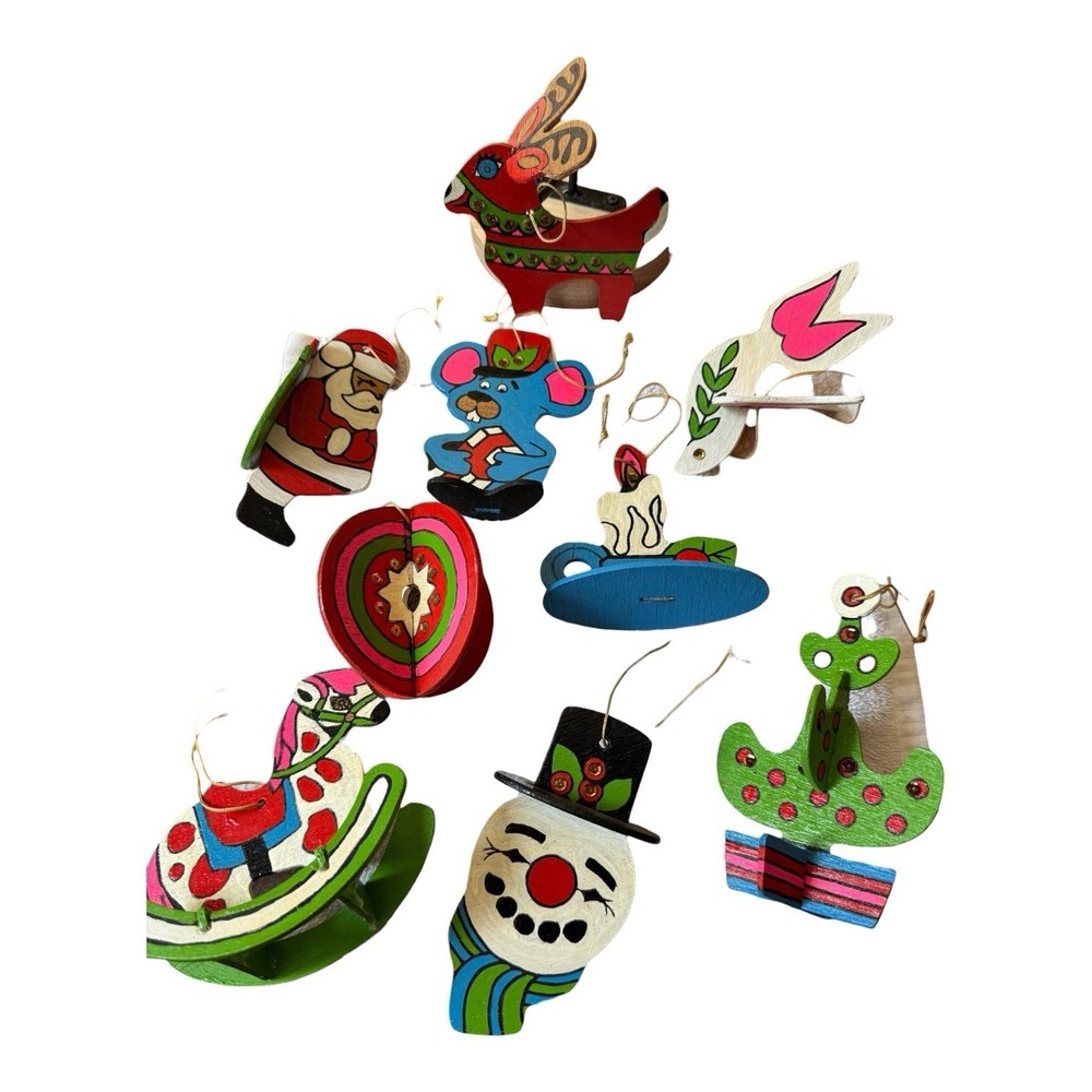 Vintage Handmade Wood Christmas Ornaments Lot Folk Art Hand Painted Santa Animal